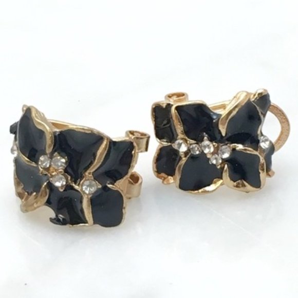 Black Enamel Floral Earrings w Rhinestone Accents - Picture 2 of 6